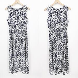 Dressbarn Floral Maxi Dress 10 Navy White Sleeveless Rayon Summer Coastal Resort